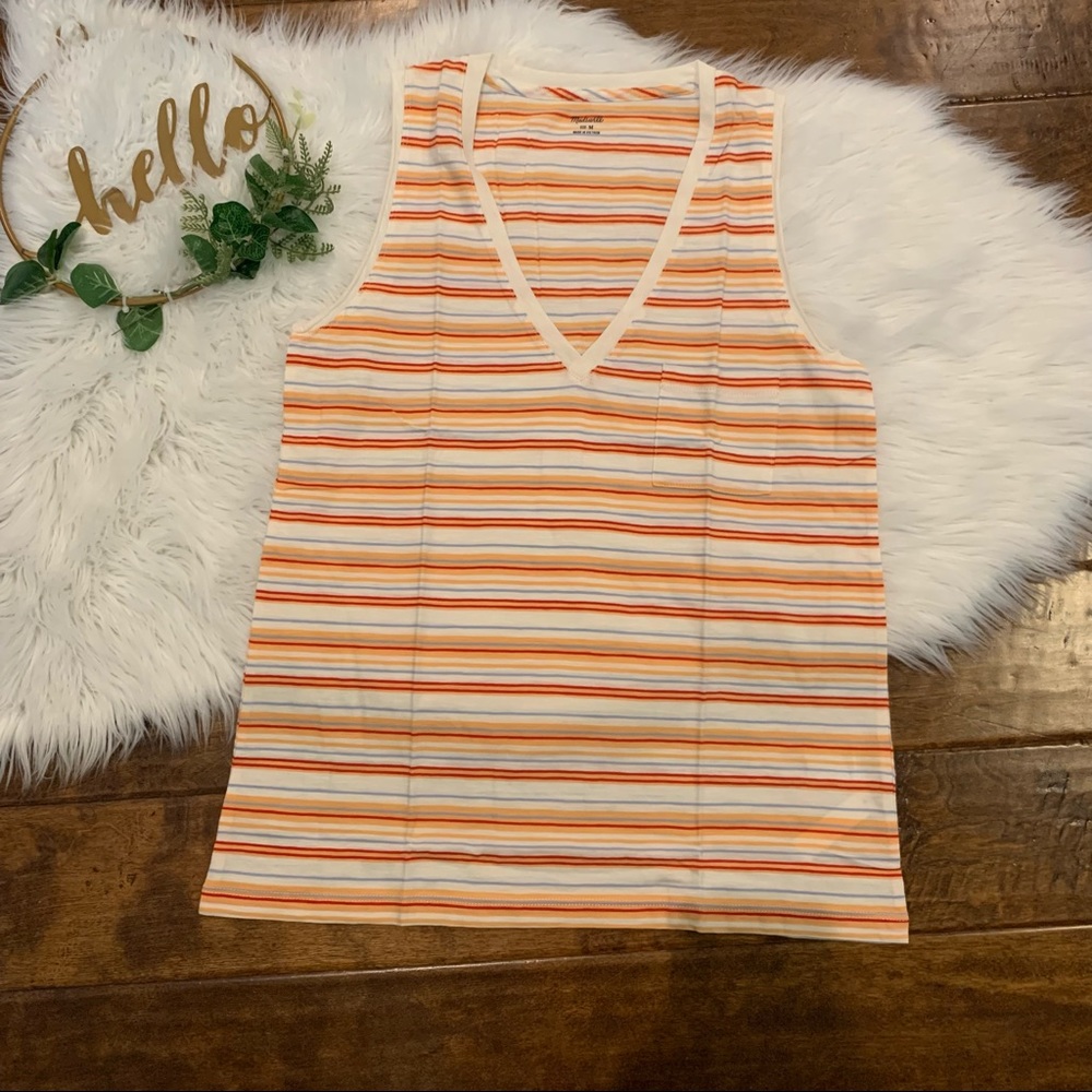 Madewell women’s Tank Top V Neck Size Medium White Orange Red Stripe New